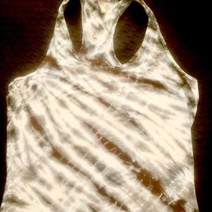 Three dots, Lycra, tie dye tank top from Barney’s. Racer back, slim fit, long